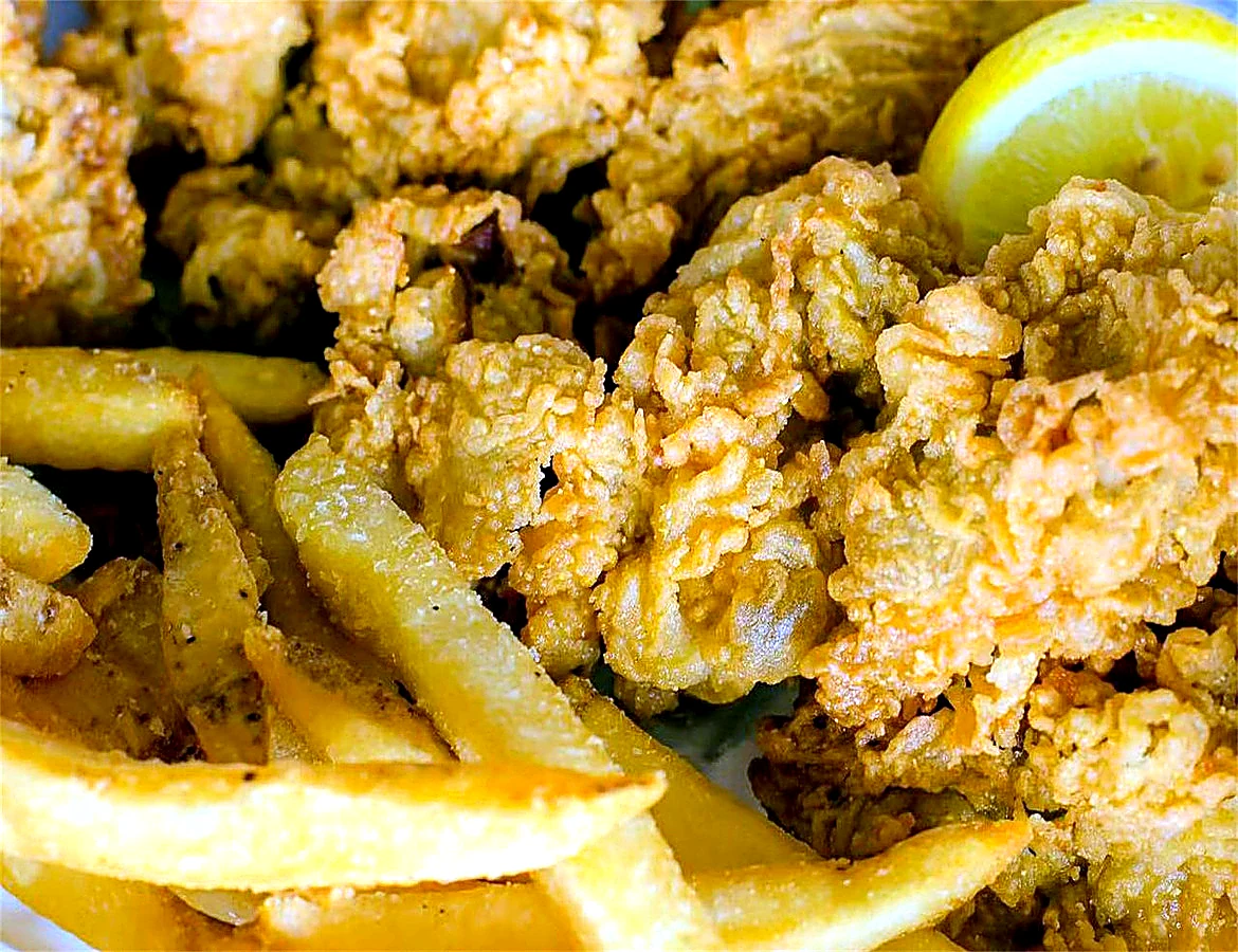 Fried Oysters with French Fries at Juicy King Crab Express, Seafood Restaurant in Brooklyn