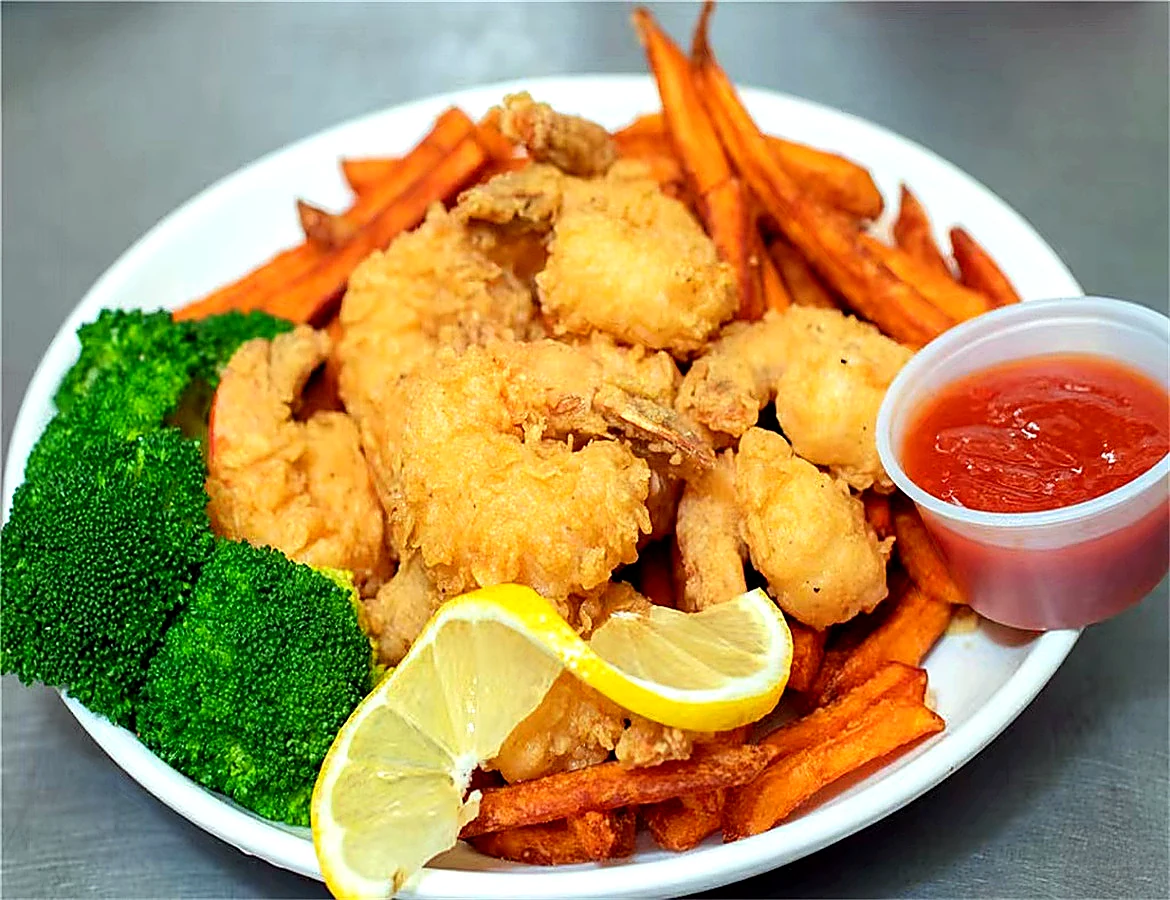 Fried Soft Shell Crab with Sweet Potato Fries at Juicy King Crab Express, Seafood Restaurant in Brooklyn